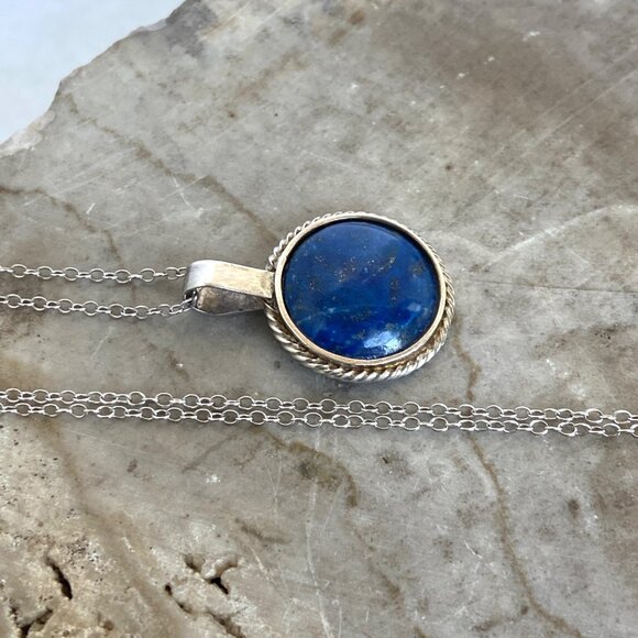 950 Silver Dainty Round Lapis Lazuli Pendant Cabochon Necklace 18" Cable Chain - Picture 3 of 16